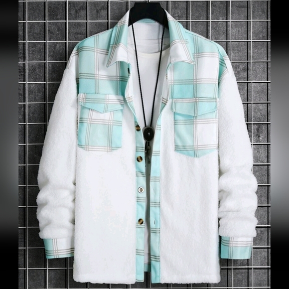 Brand new, white sherpa baby blue Plaid Flannel - Picture 3 of 4